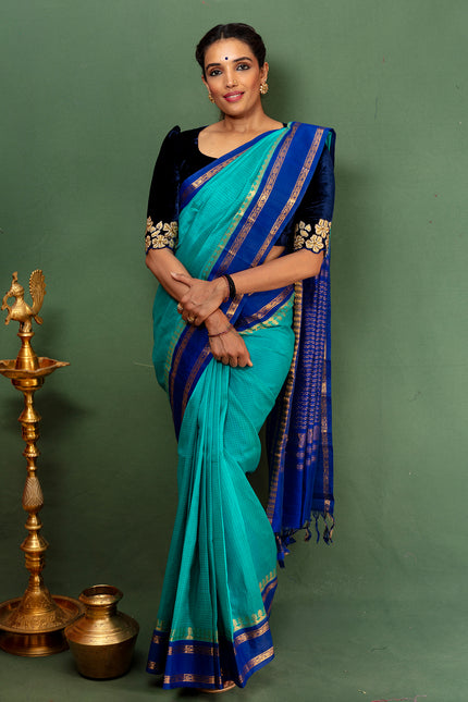 Royal Blue & Teal Handloom Kanchipuram Silk Saree With Zari Border