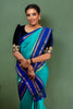 Royal Blue & Teal Handloom Kanchipuram Silk Saree With Zari Border