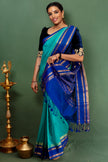 Royal Blue & Teal Handloom Kanchipuram Silk Saree With Zari Border
