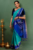 Royal Blue & Teal Handloom Kanchipuram Silk Saree With Zari Border