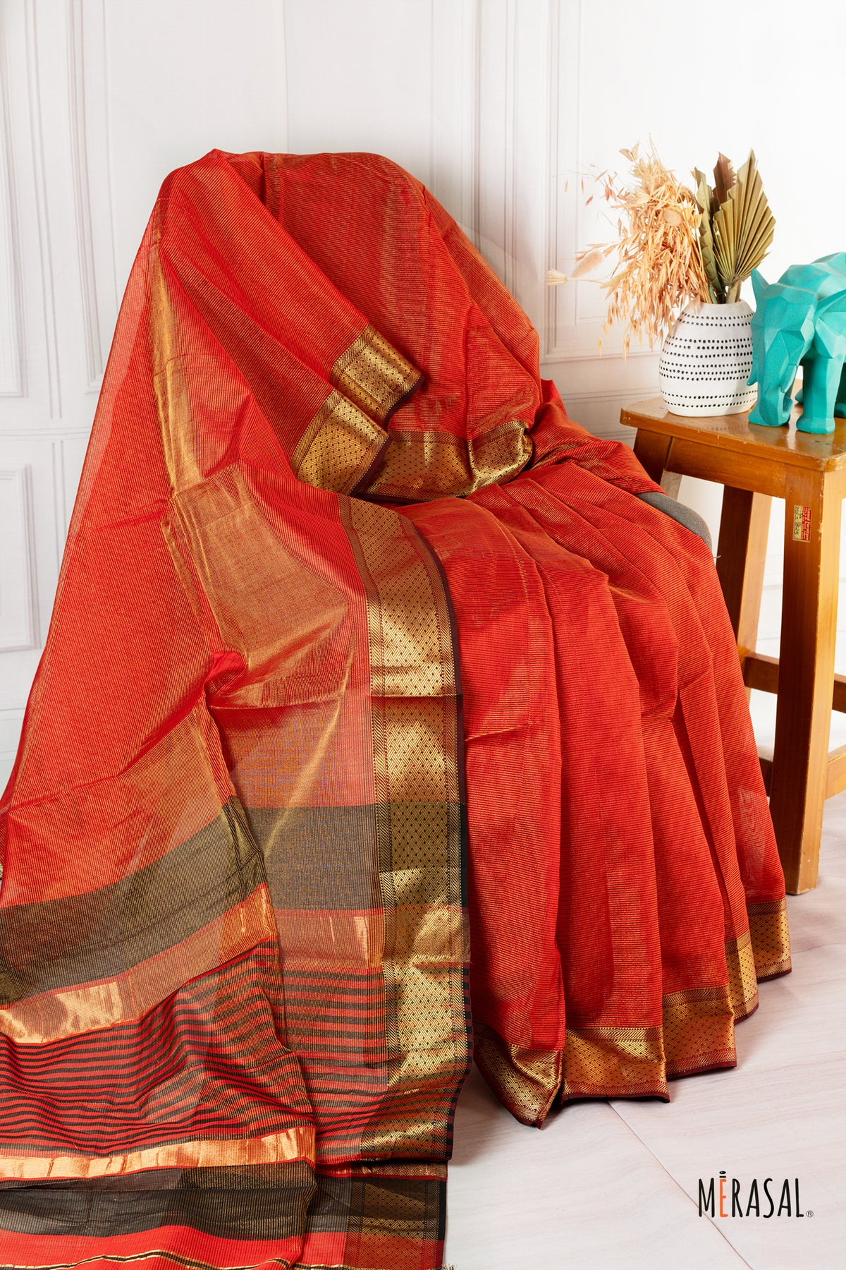 Classic Crimson Red Silk Cotton Saree with Antique Gold Border