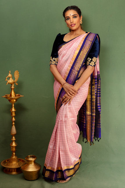 Royal Blue & Pink handloom Kanchipuram Silk With Zari Border