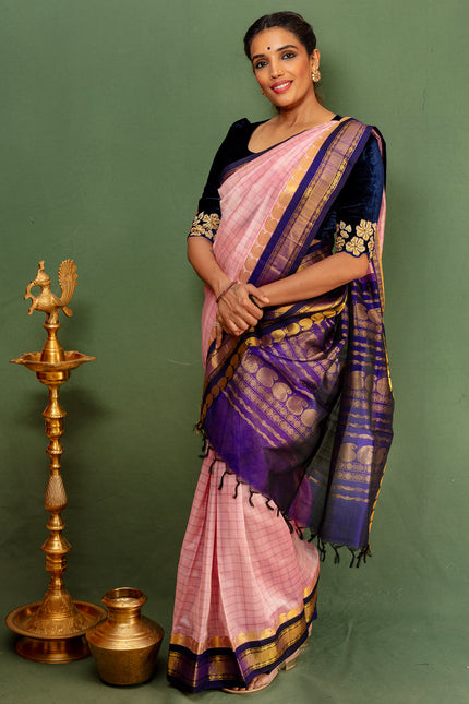 Royal Blue & Pink handloom Kanchipuram Silk With Zari Border