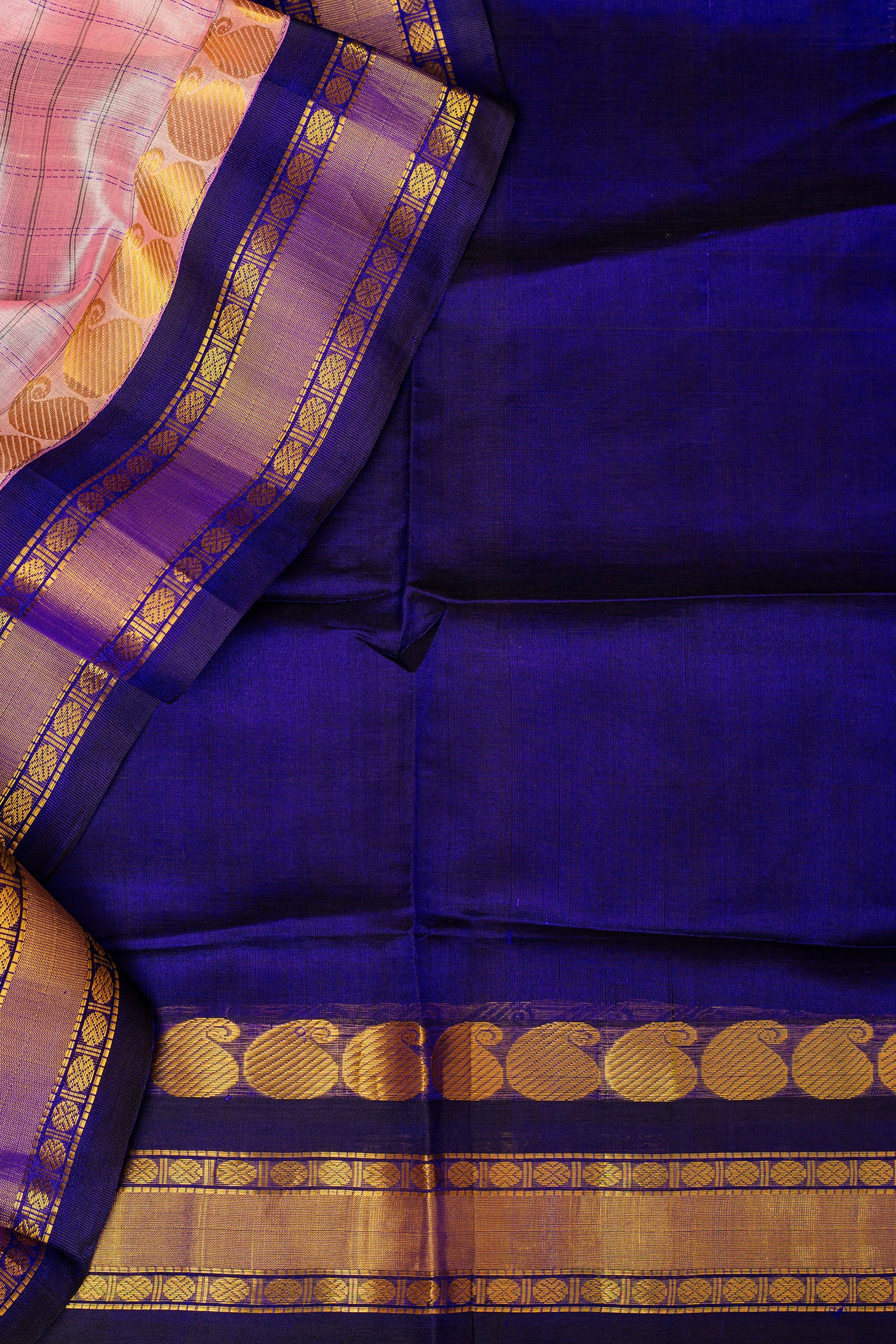 Royal Blue & Pink handloom Kanchipuram Silk With Zari Border
