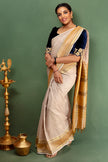 Elegant Beige & Mustard Traditional Handloom Cotton Saree With Golden Zari Border