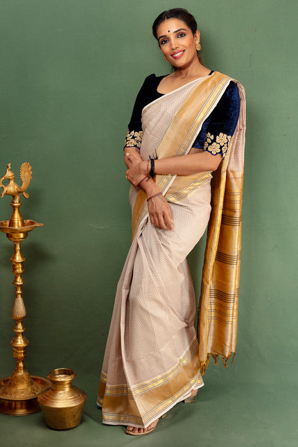 Elegant Beige & Mustard Traditional Handloom Cotton Saree With Golden Zari Border