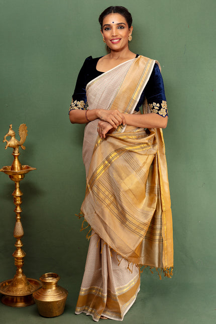 Elegant Beige & Mustard Traditional Handloom Cotton Saree With Golden Zari Border