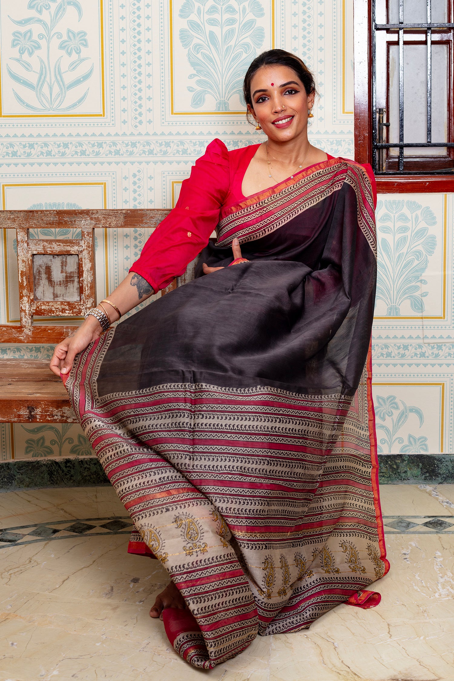 Charcoal Black with Striped & Paisley Pallu Maheswari Silk Saree
