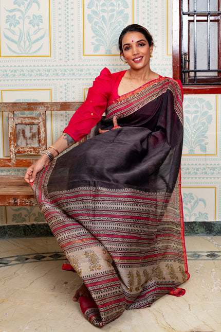 Charcoal Black with Striped & Paisley Pallu Maheswari Silk Saree
