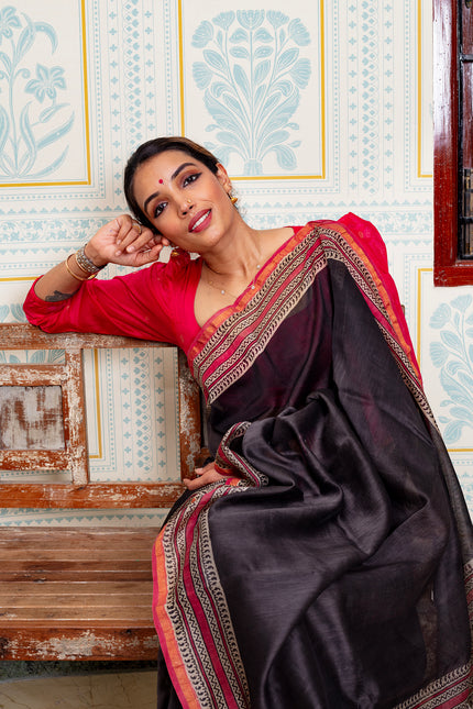 Charcoal Black with Striped & Paisley Pallu Maheswari Silk Saree
