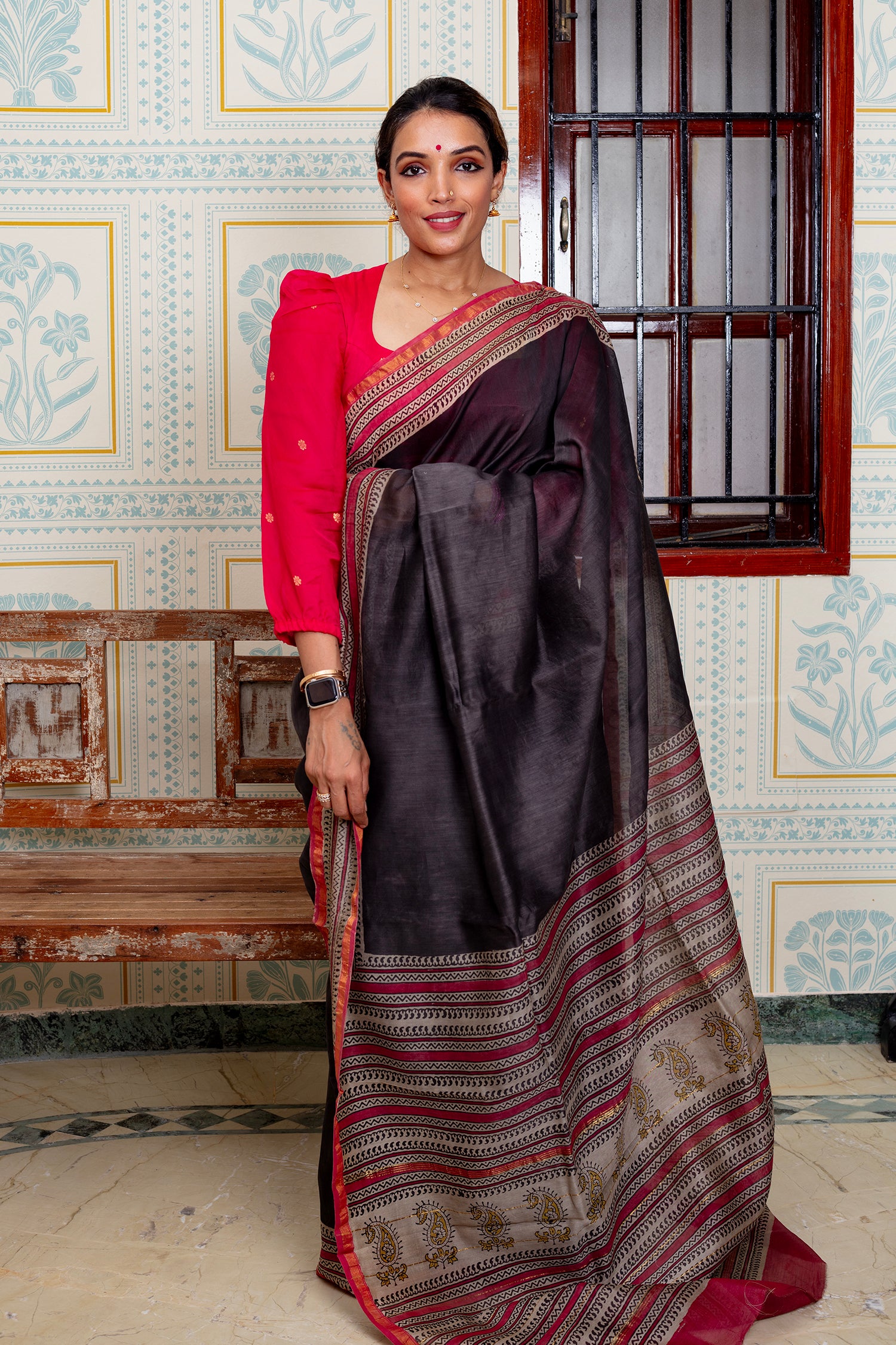 Charcoal Black with Striped & Paisley Pallu Maheswari Silk Saree