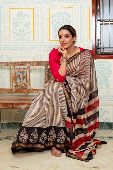 Elegant Striped Maheswari Silk Saree With Floral Border