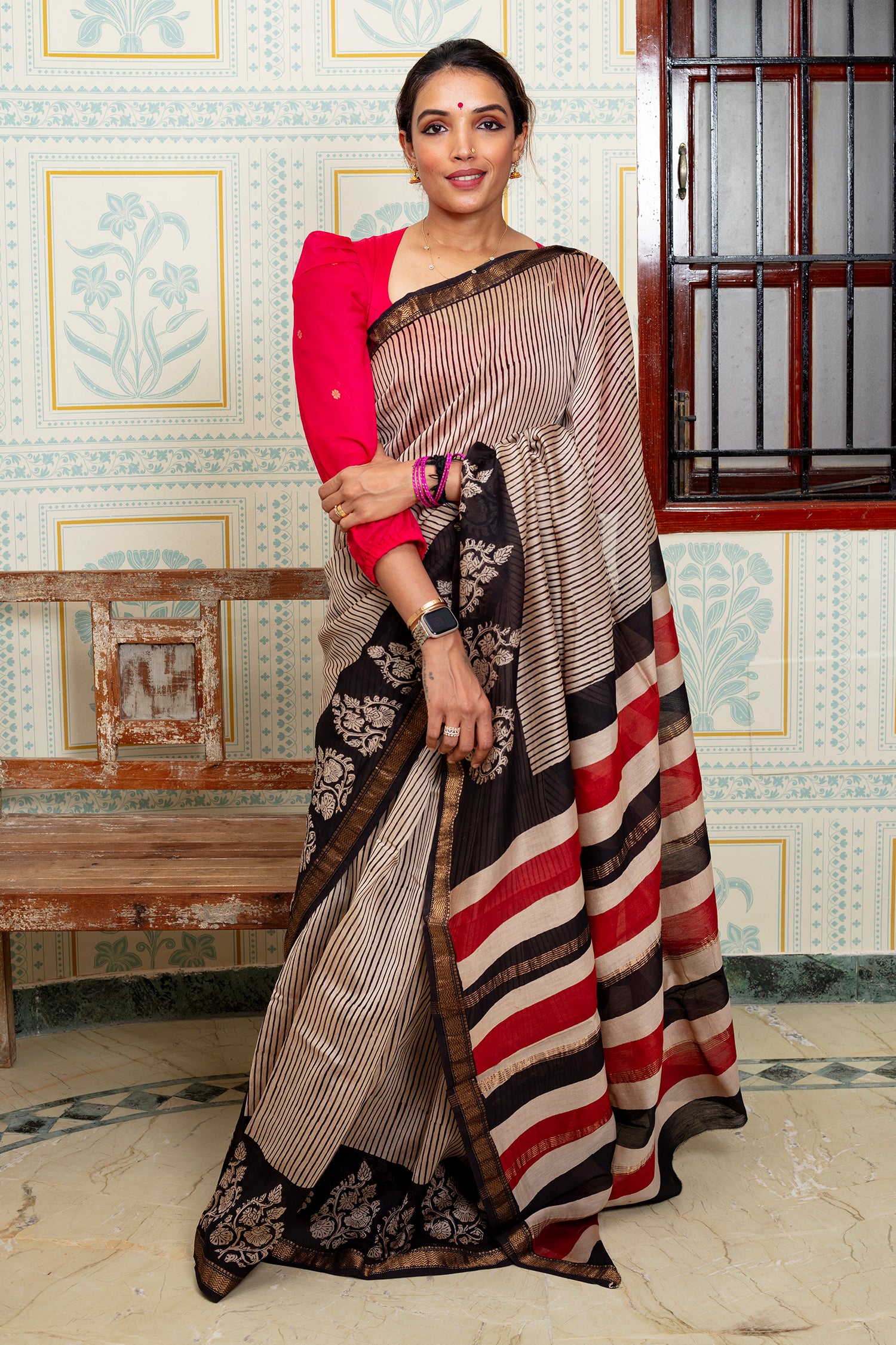 Elegant Striped Maheswari Silk Saree With Floral Border