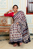 Cream And Indigo Maheswari Silk Saree With Traditional Leaf Motif