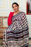 Cream And Indigo Maheswari Silk Saree With Traditional Leaf Motif