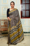 Black and Olive Maheshwari Silk Saree with Mustard Accents