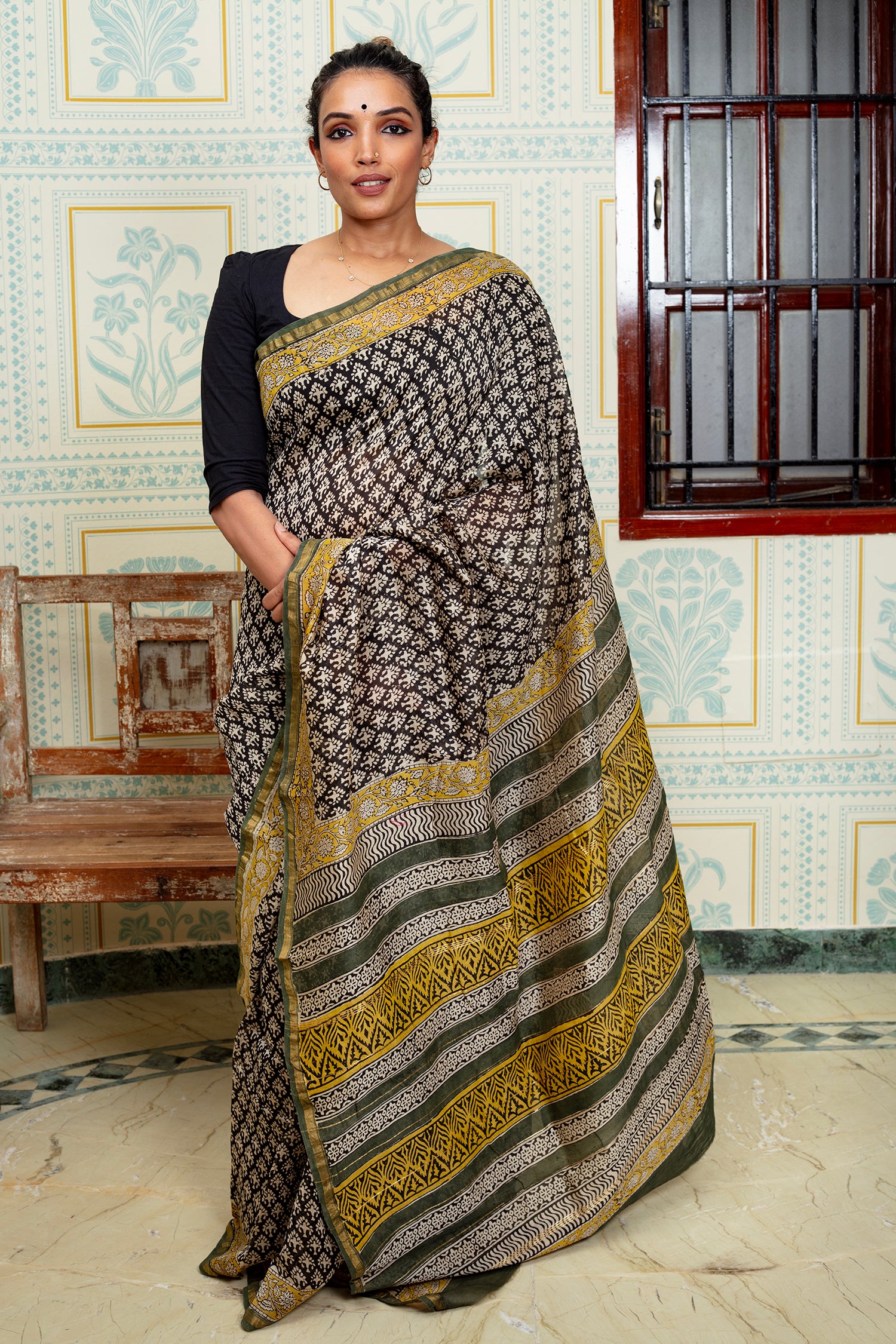 Black and Olive Maheshwari Silk Saree with Mustard Accents