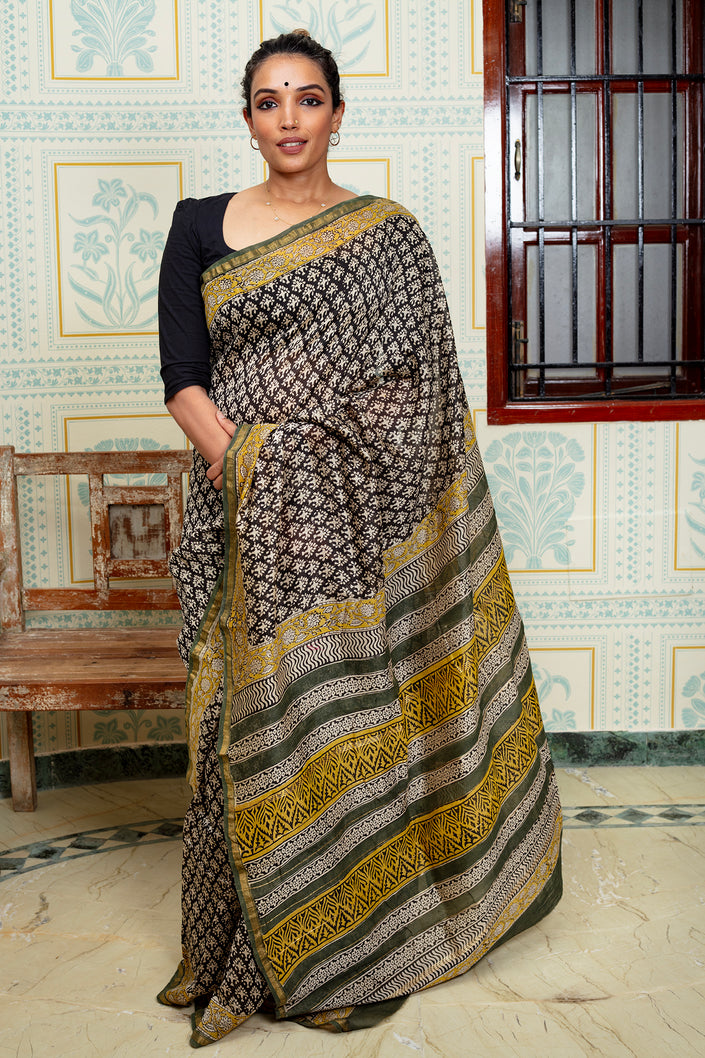 Black and Olive Maheshwari Silk Saree with Mustard Accents