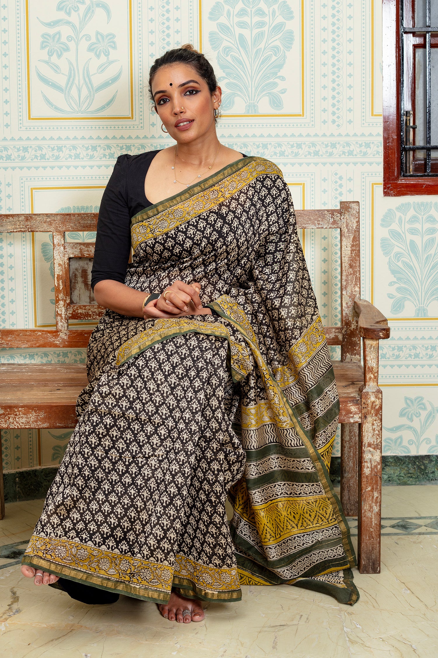 Black and Olive Maheshwari Silk Saree with Mustard Accents