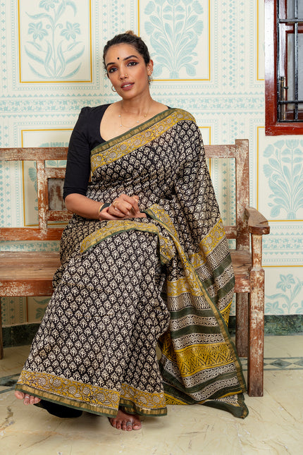 Black and Olive Maheshwari Silk Saree with Mustard Accents