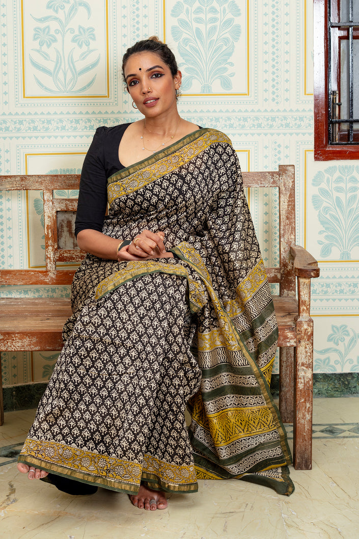 Black and Olive Maheshwari Silk Saree with Mustard Accents
