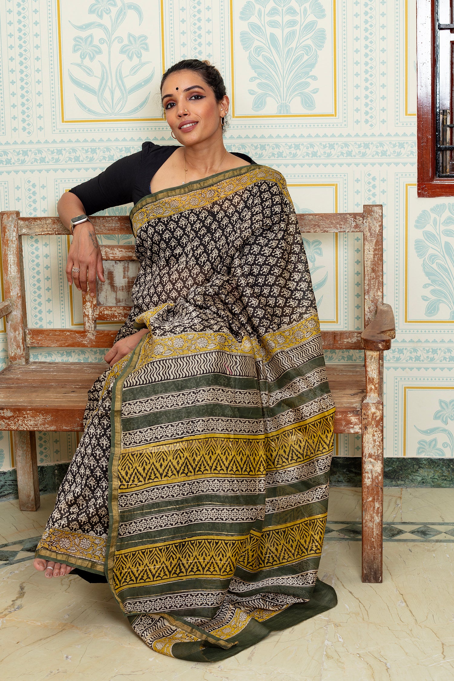 Black and Olive Maheshwari Silk Saree with Mustard Accents