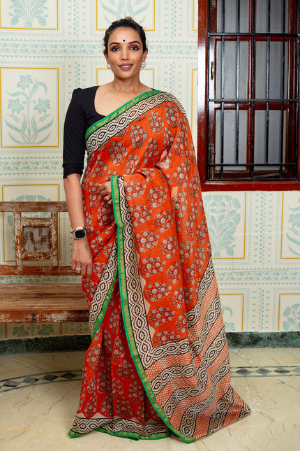 Vibrant Orange And Green Maheswari Silk Sareee