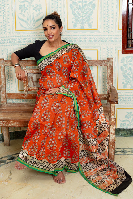 Vibrant Orange And Green Maheswari Silk Sareee