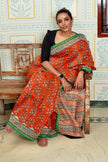 Vibrant Orange And Green Maheswari Silk Sareee