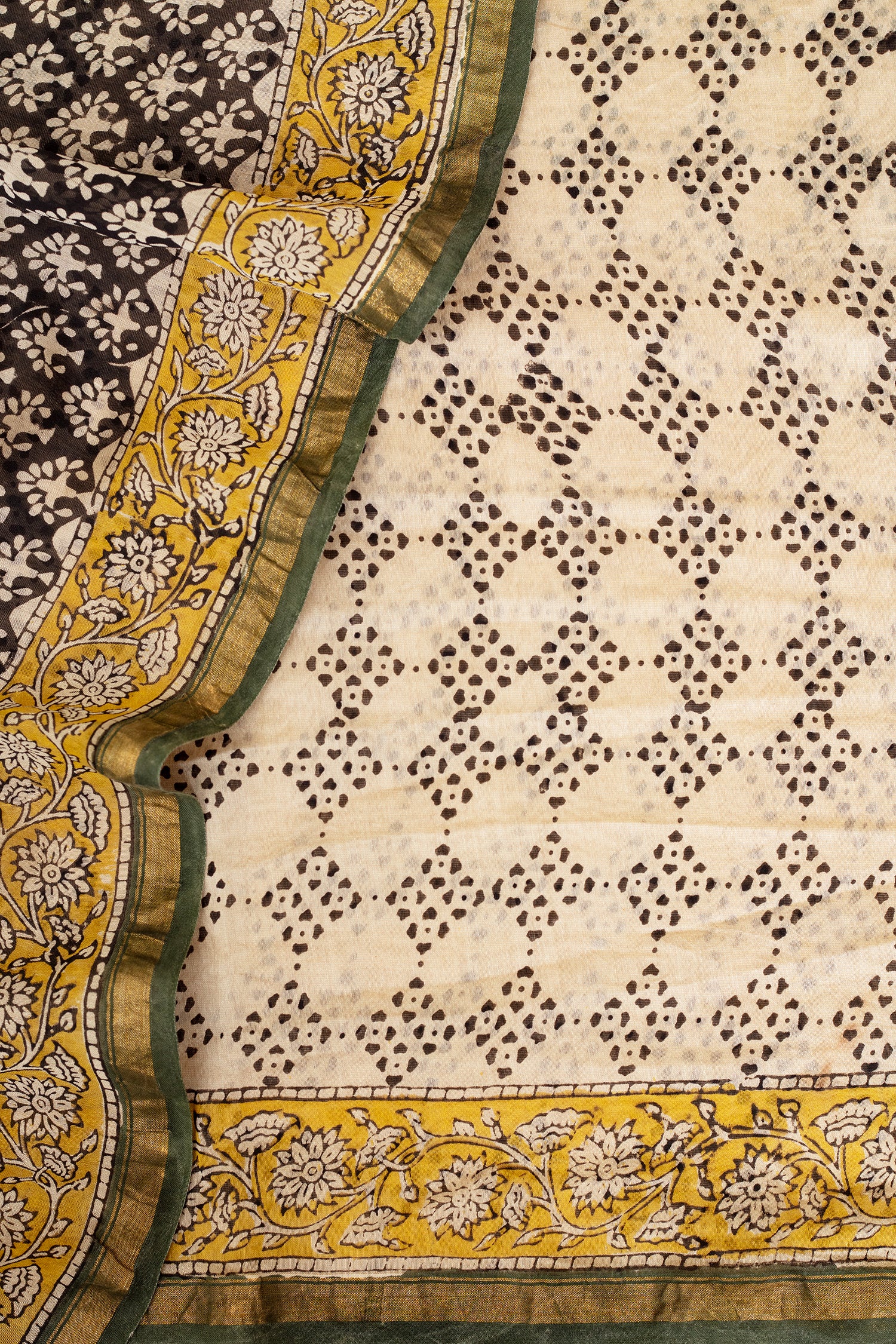Black and Olive Maheshwari Silk Saree with Mustard Accents
