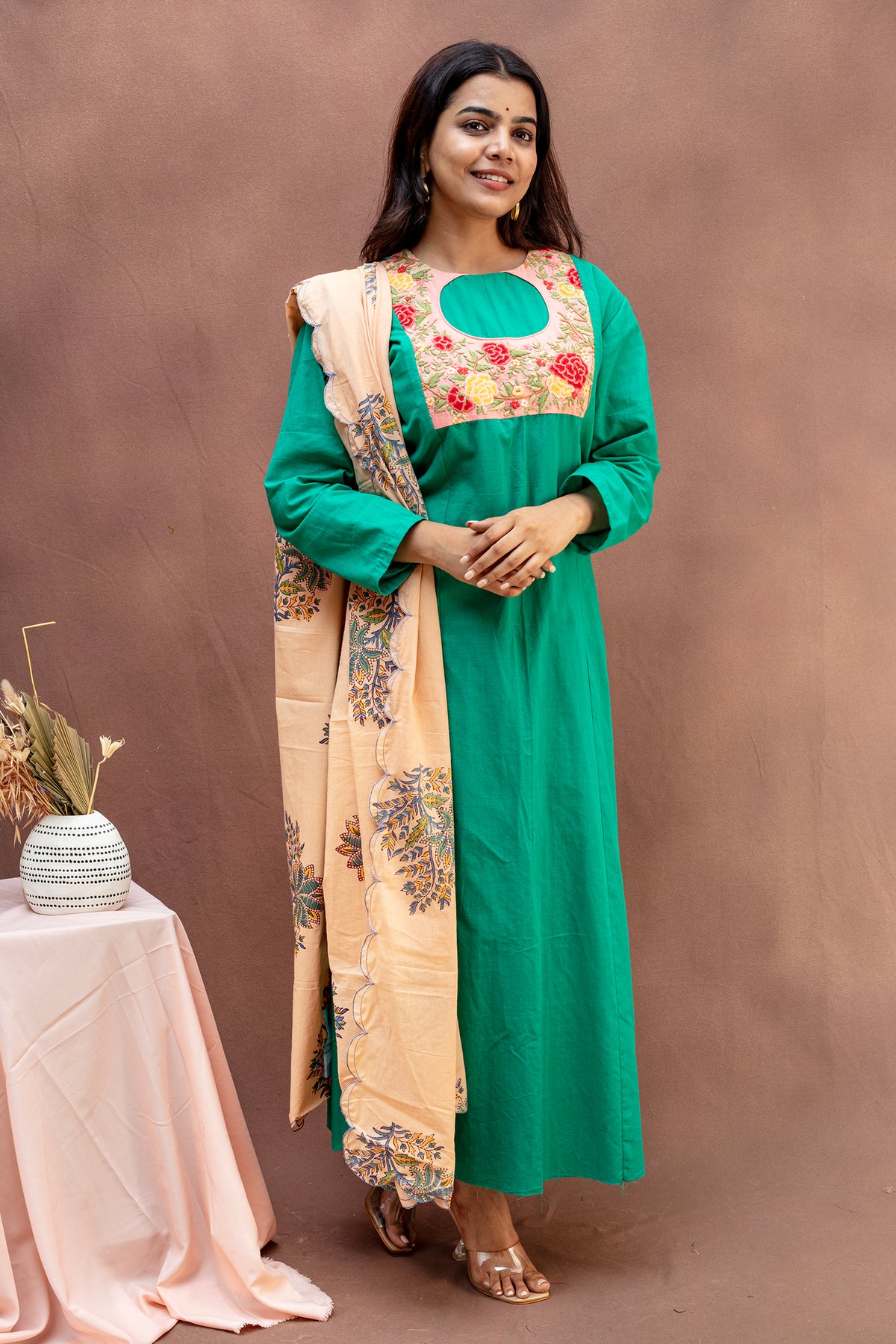 Emerald Green Embroidered Cotton Top with Scalloped Floral Dupatta