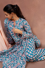 Teal & Peach Floral Mul Cotton Co-Ord Set