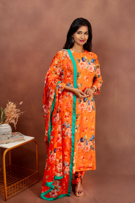 Orange Floral Kurtha Set with Dupatta