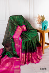 Emerald Green Silk Cotton Saree with Magenta Zari Border and Traditional Motifs