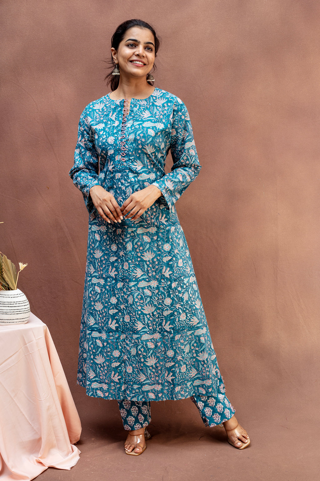 Slate Blue & Peach Block Print Mul Cotton Co-Ord Set