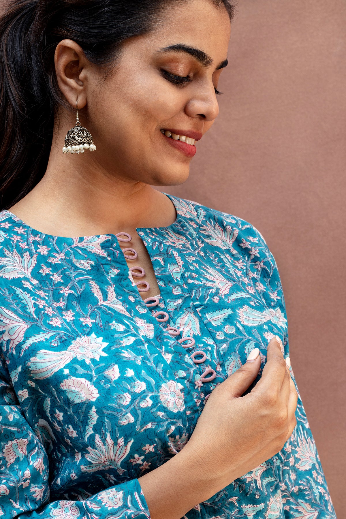 Slate Blue & Peach Block Print Mul Cotton Co-Ord Set