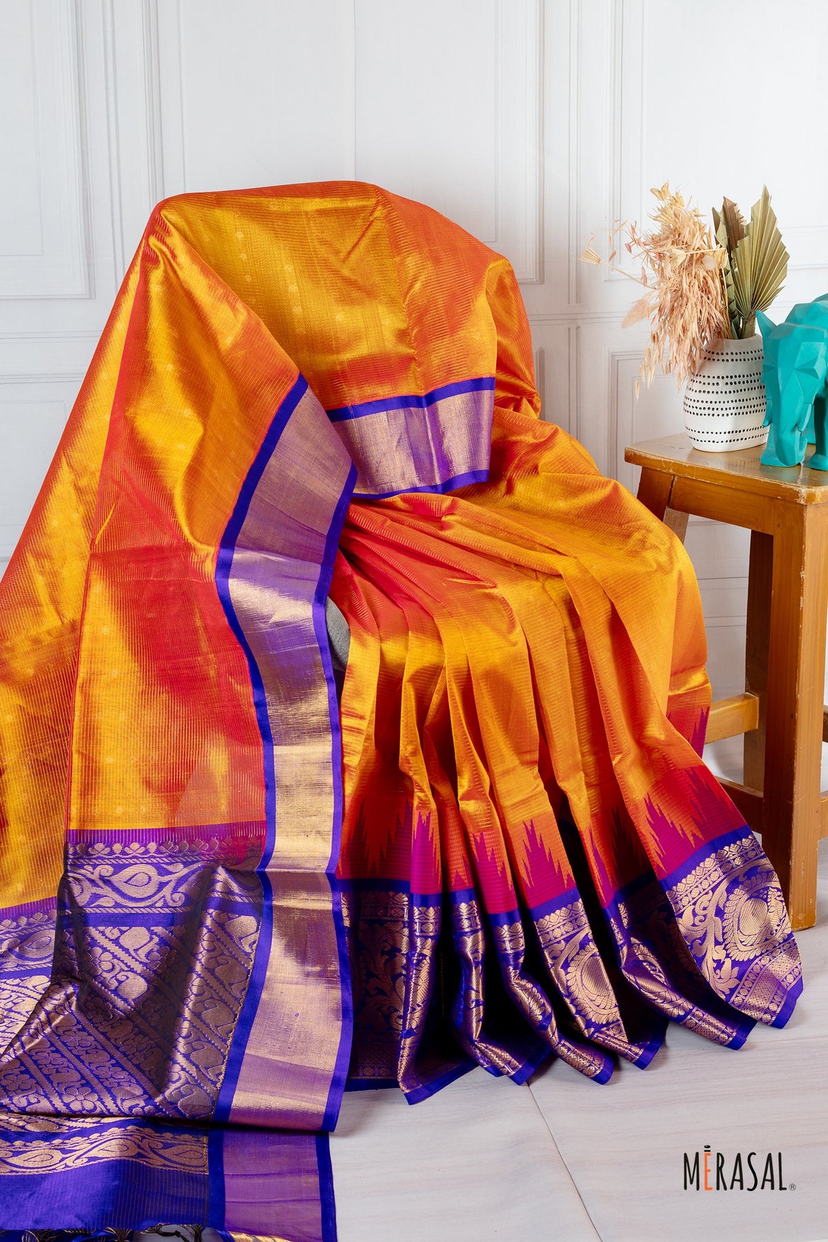 Golden Marigold Silk Cotton Saree with Royal Blue Zari Border