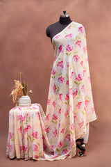 Cream Pure Chiffon Saree with Soft Pink Floral Clusters