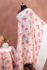 Cream Pure Chiffon Saree with Soft Pink Floral Clusters