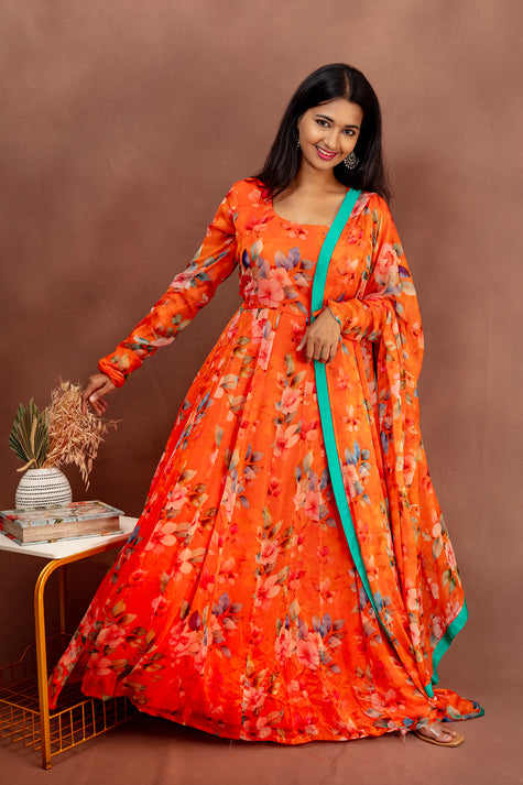 Orange Floral Georgette Anarkali with Dupatta