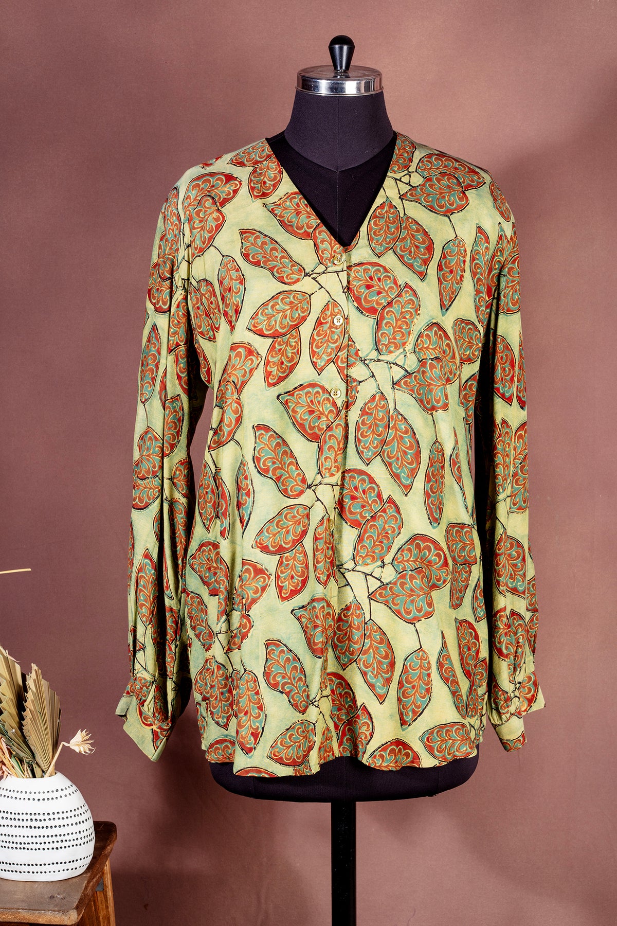Olive & Terracotta Leaf Print Premium Modal Shirt