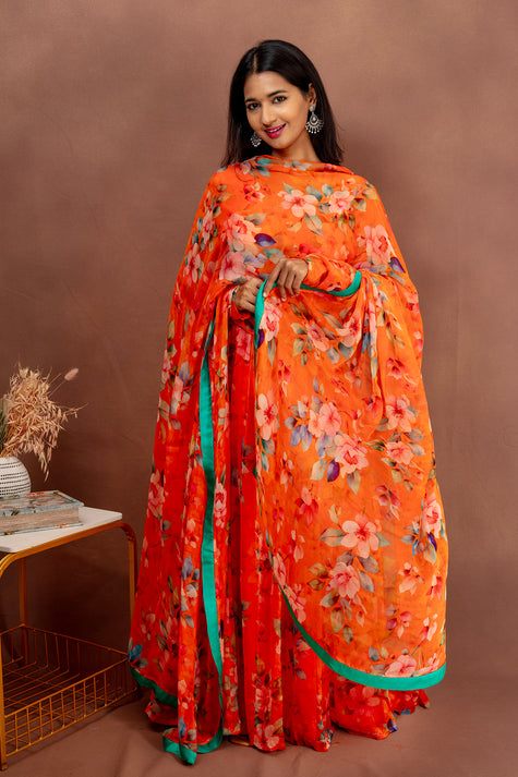 Orange Floral Georgette Anarkali with Dupatta