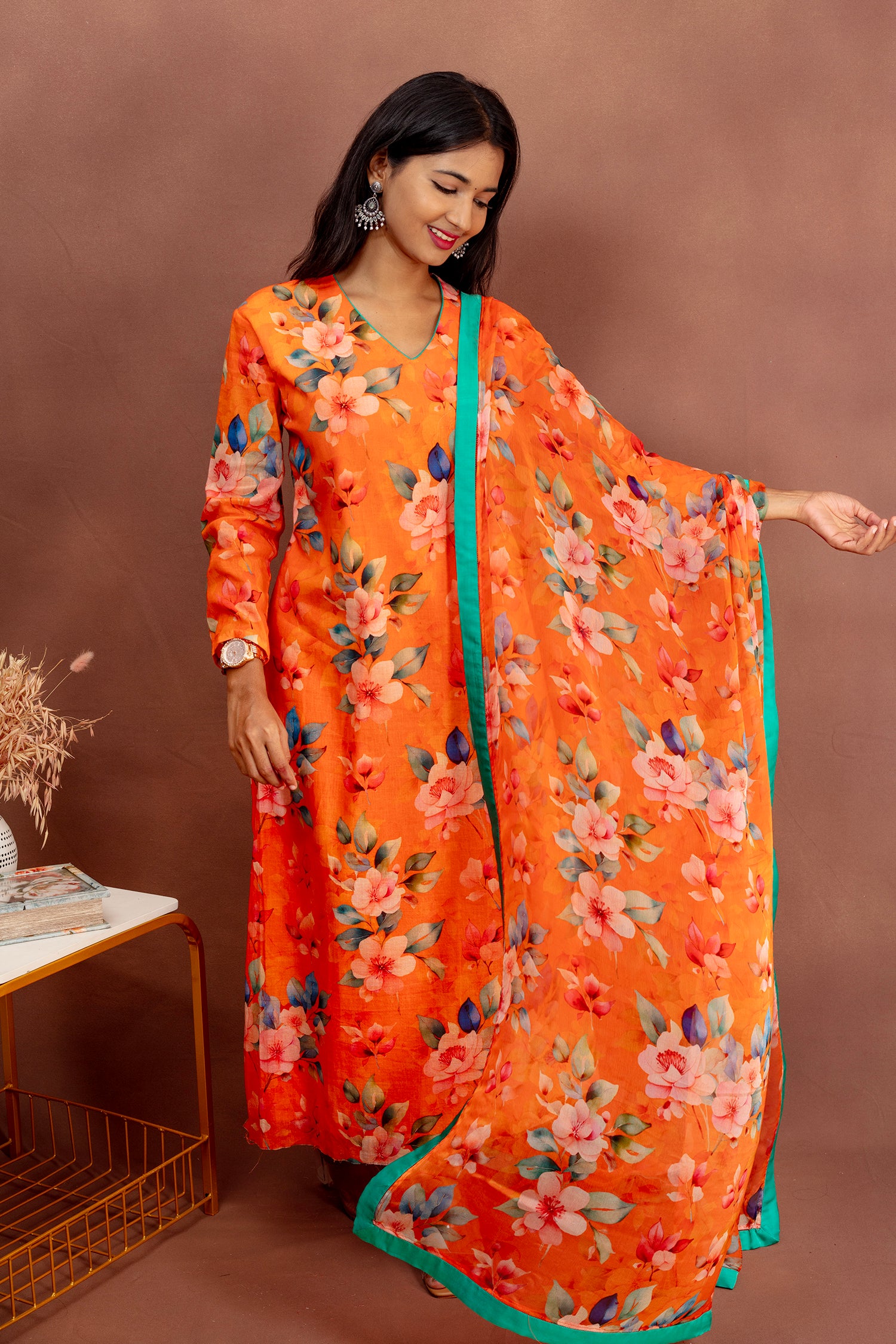 Orange Floral Georgette Anarkali with Dupatta