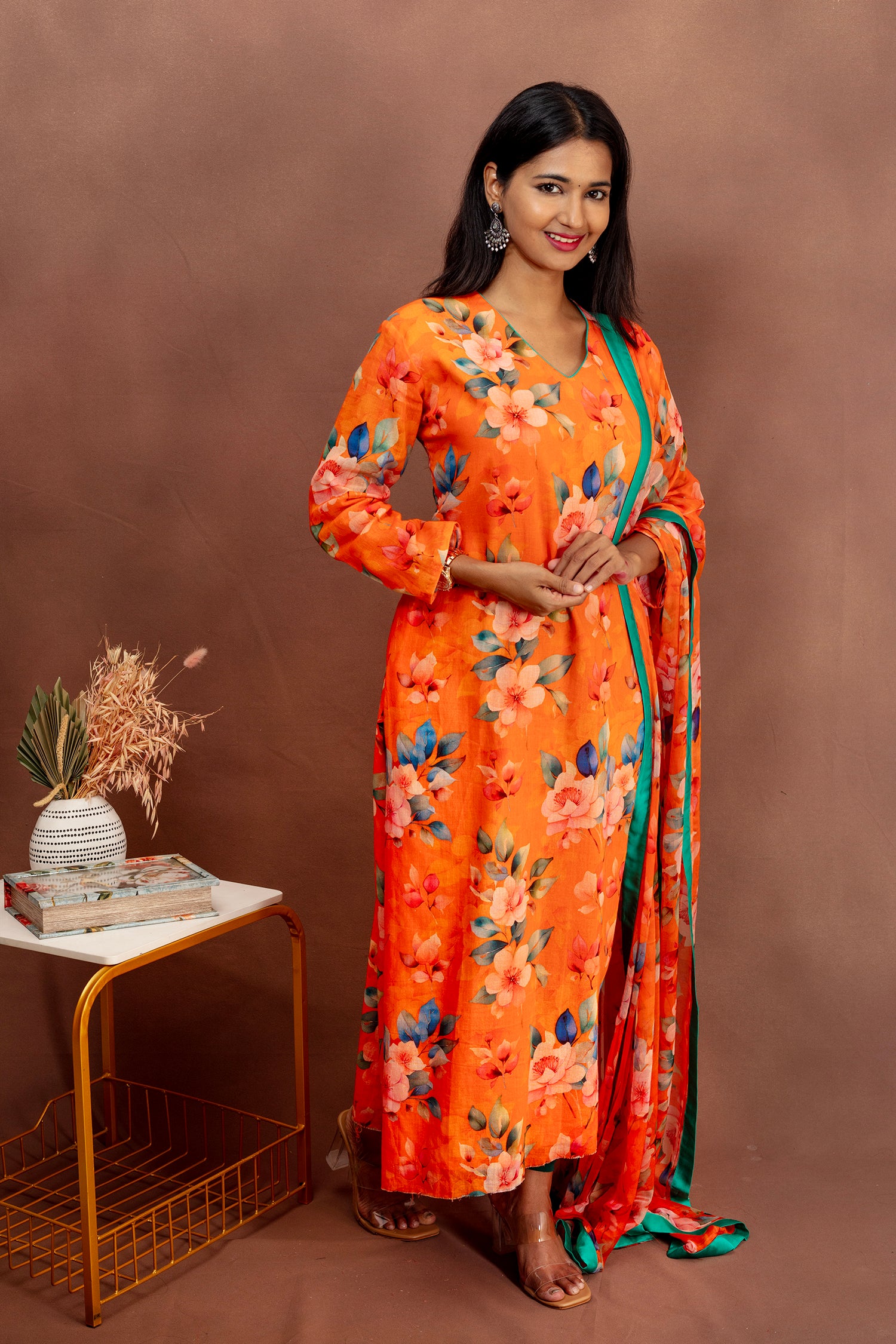 Orange Floral Georgette Anarkali with Dupatta