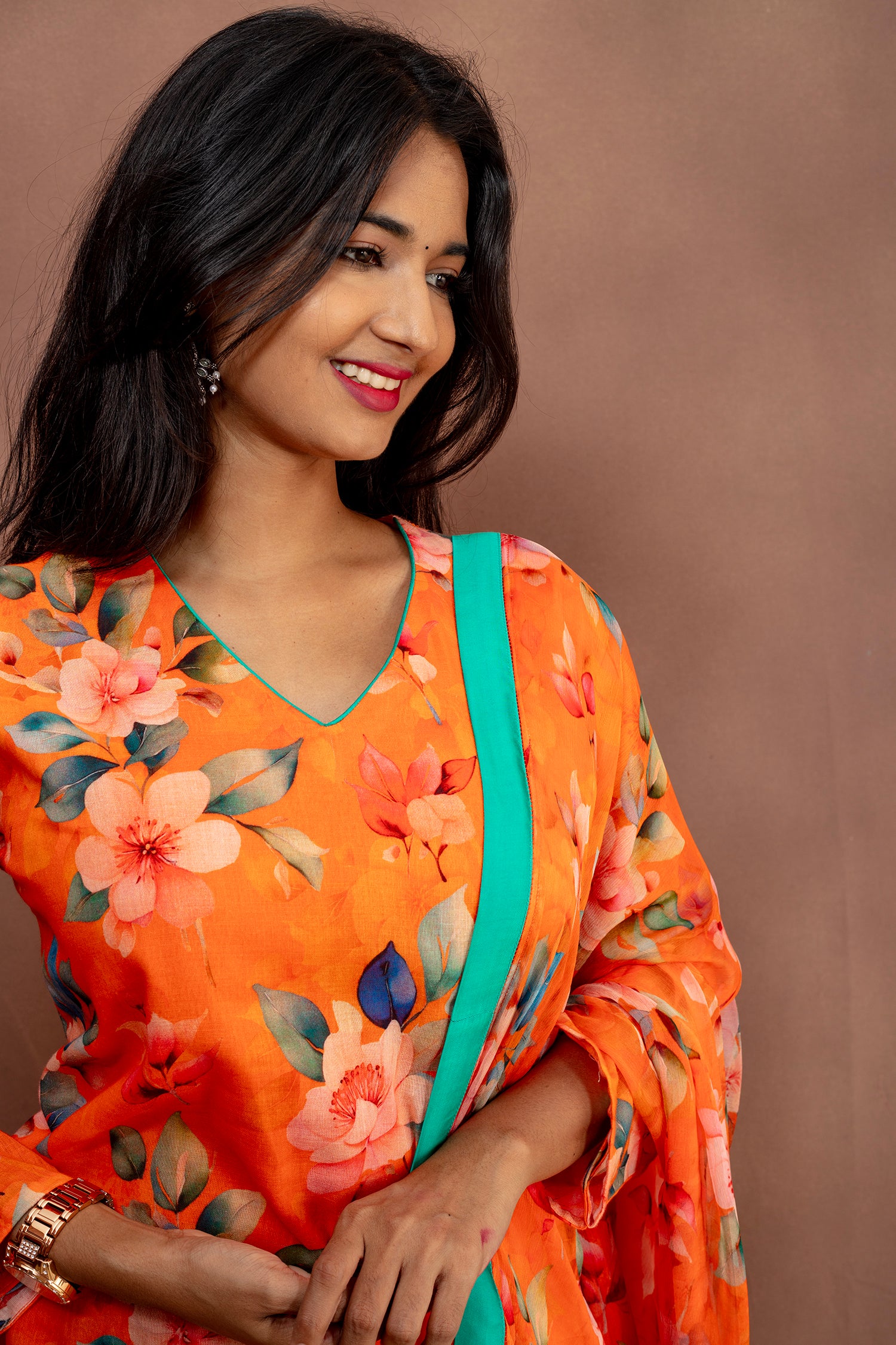 Orange Floral Georgette Anarkali with Dupatta