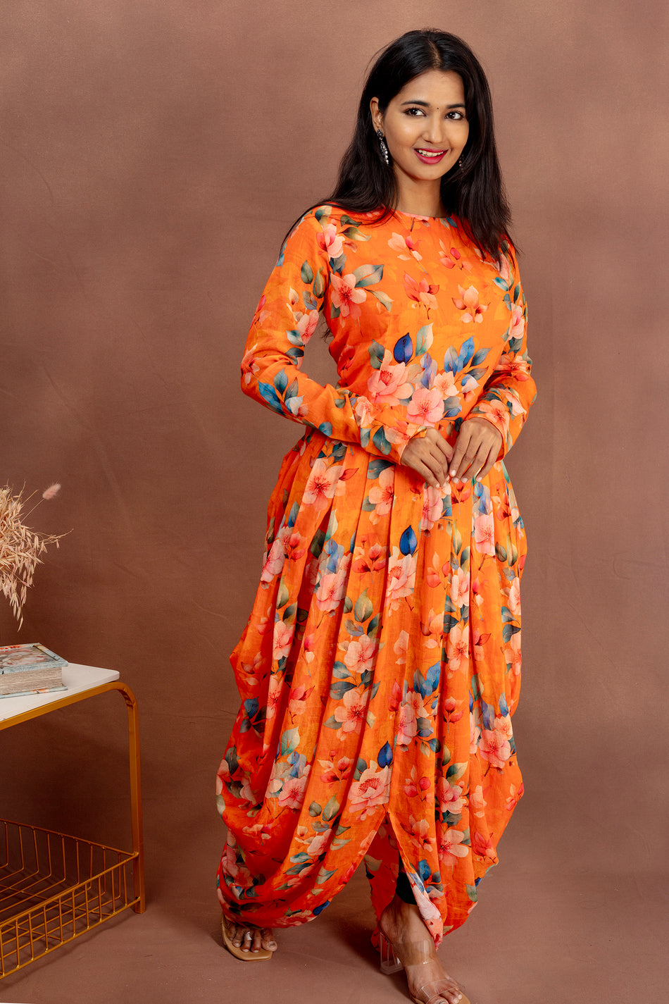 Orange Floral Dothi Dress