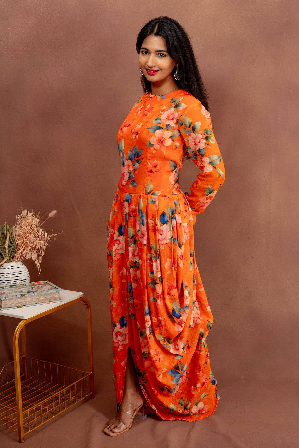Orange Floral Dothi Dress