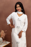 White Cotton Kurtha Set With Typography Print And Georgette Dupatta