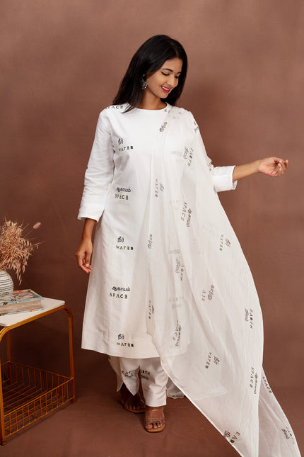 White Elemental Printed  Kurta Set With Dupatta
