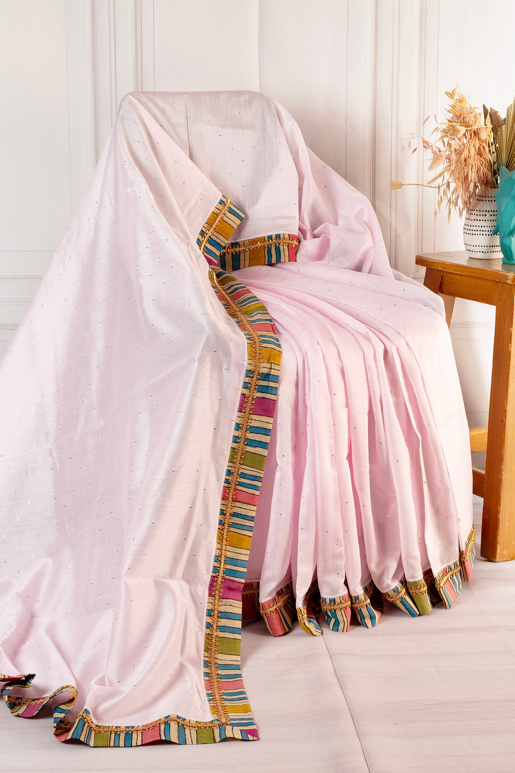 Customised Blush Pink Chanderi Cotton Saree with Pure Kalamkari Stripe Embroidered Border